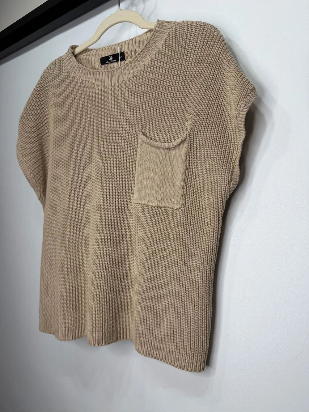 LILLUSORY 100% Cotton Sweater Top Large Beige Knit Sleeveless With Pocket - Picture 3 of 10